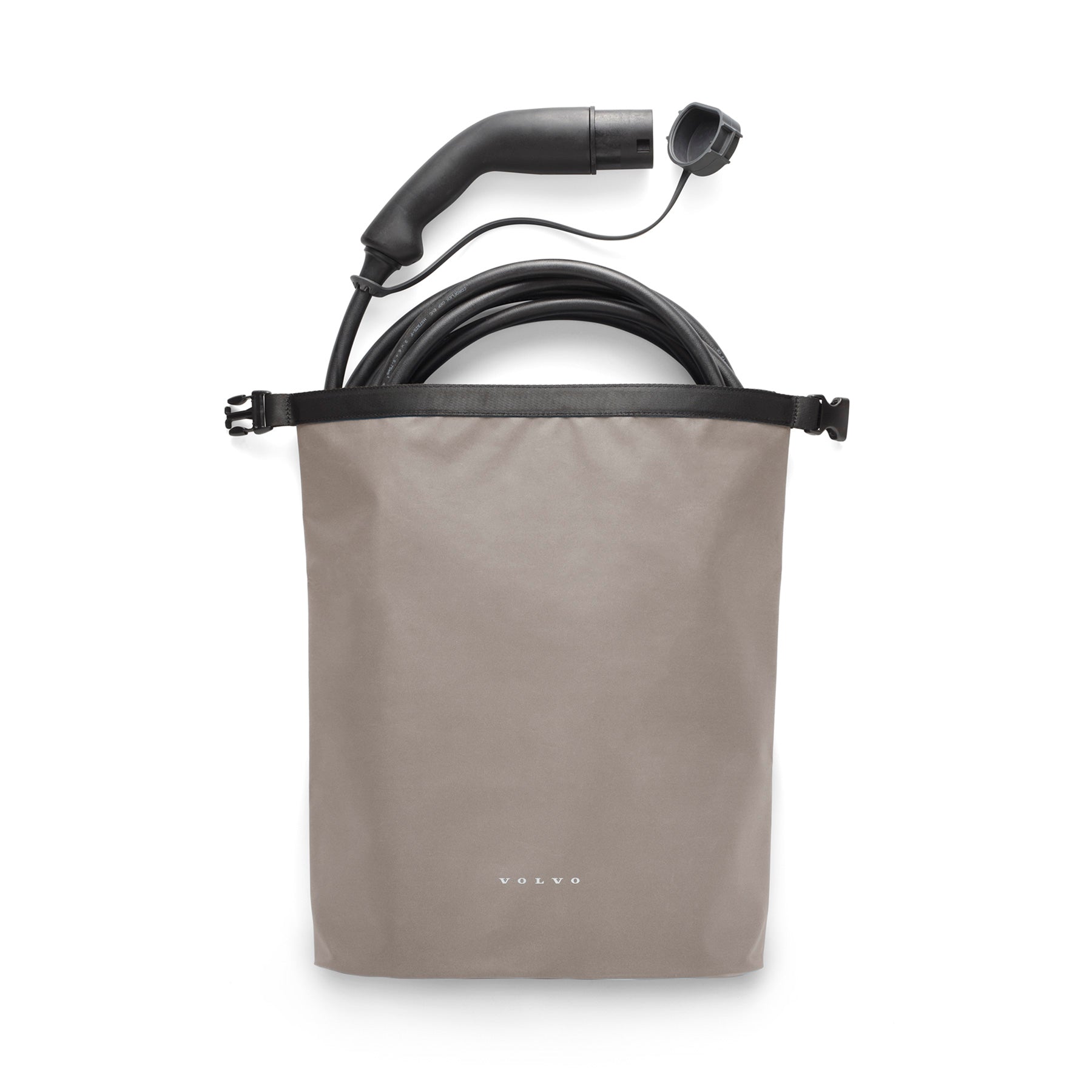 Beige carrying case with black charging cable on a white background