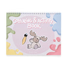 Colouring and activity book with a moose illustration on a colorful cover