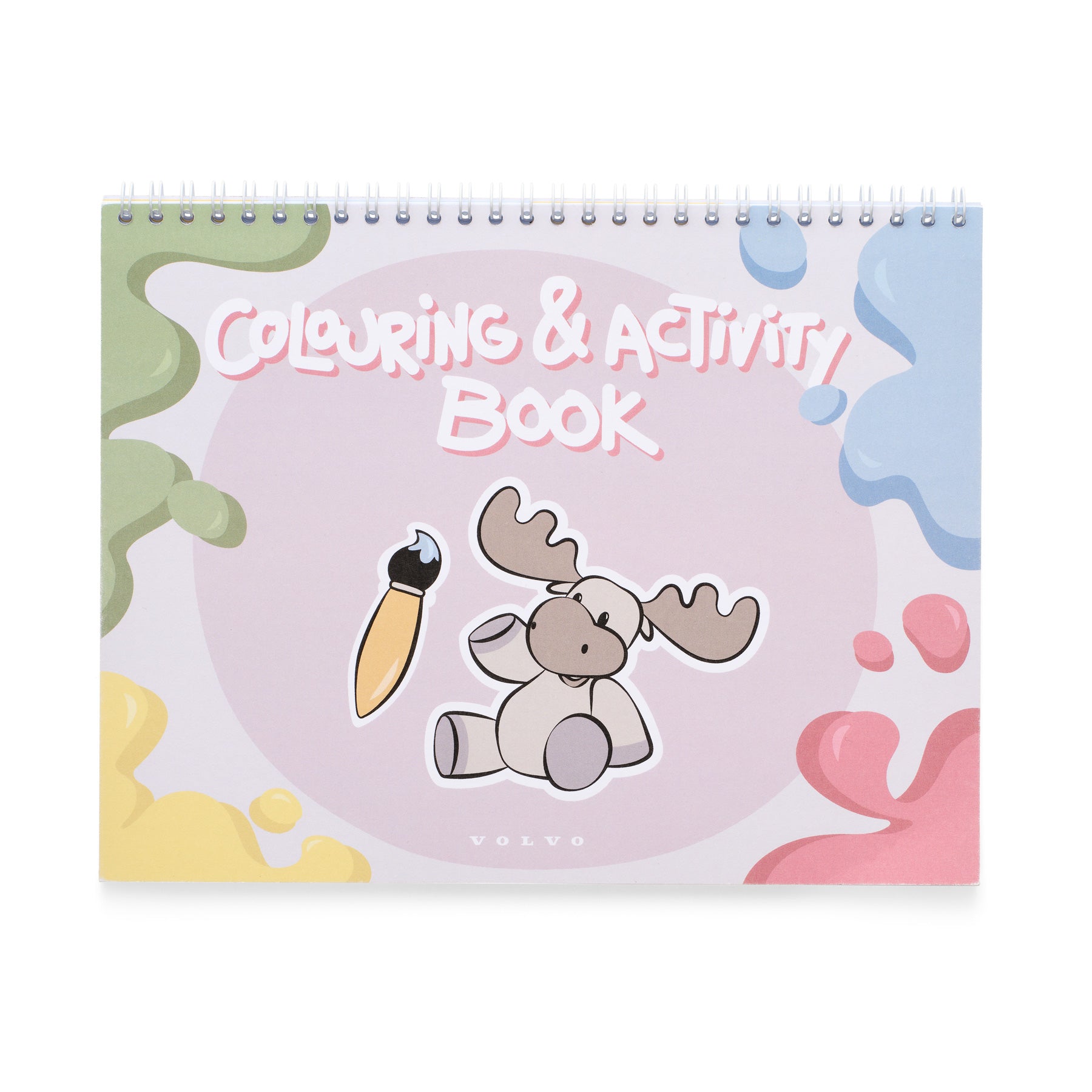 Colouring and activity book with a moose illustration on a colorful cover