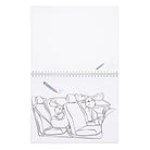 Coloring book page with two moose in airplane seats and a pen on a white background