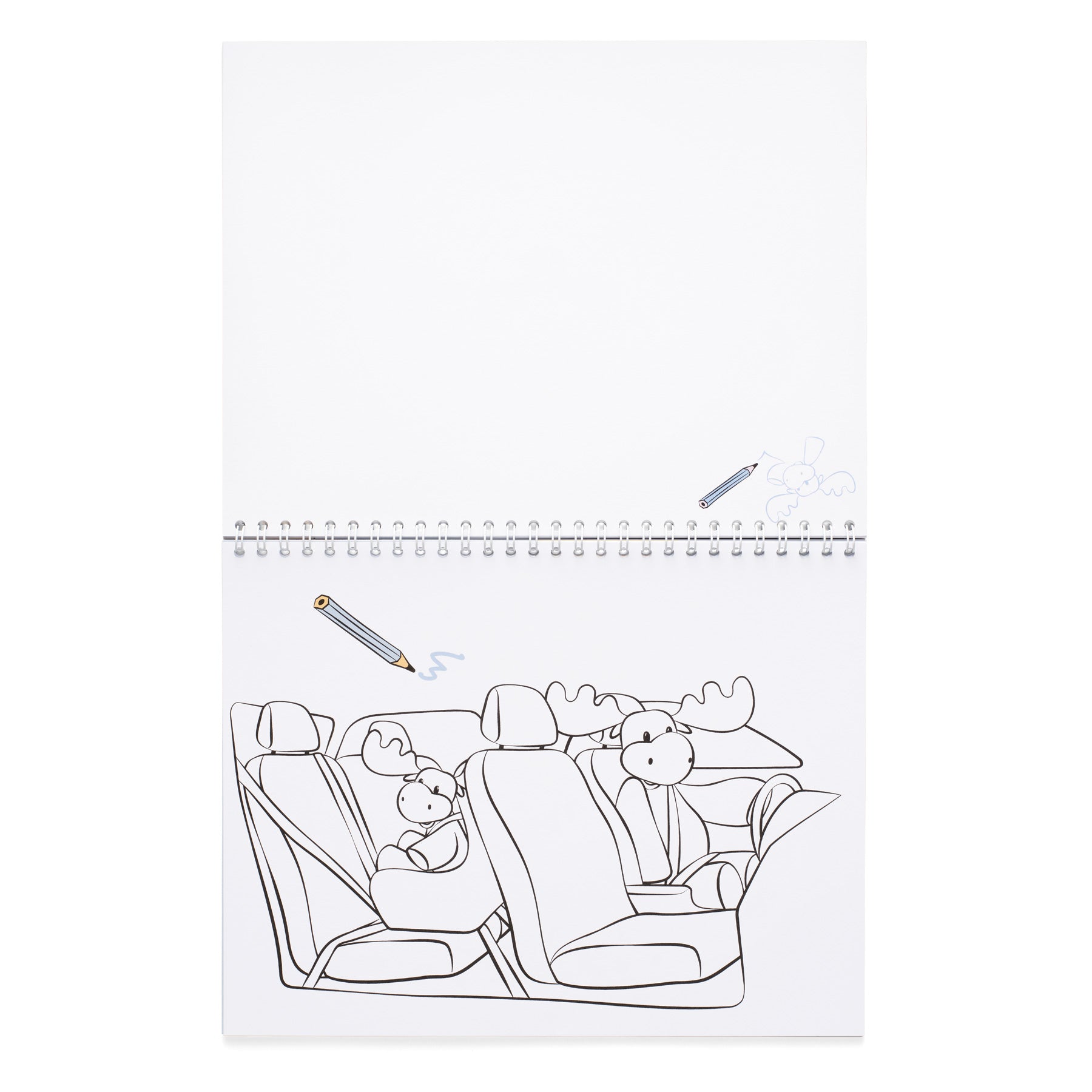 Coloring book page with two moose in airplane seats and a pen on a white background