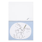 Colouring book with a connect-the-dots illustration on a light blue background