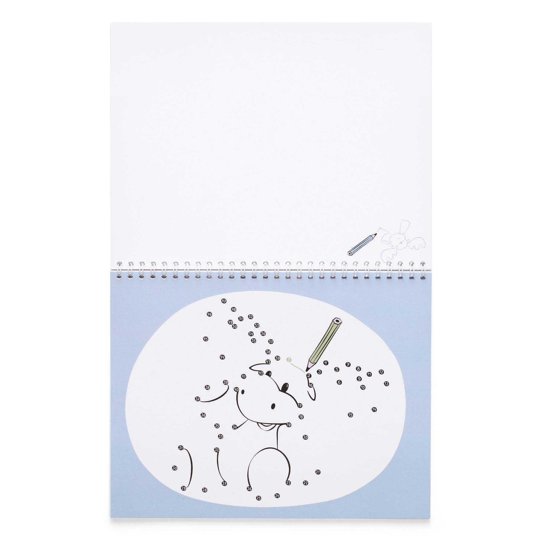 Colouring book with a connect-the-dots illustration on a light blue background
