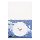 Colouring book labyrinth with a winter scene featuring a car, moon, and moose on a blue background.