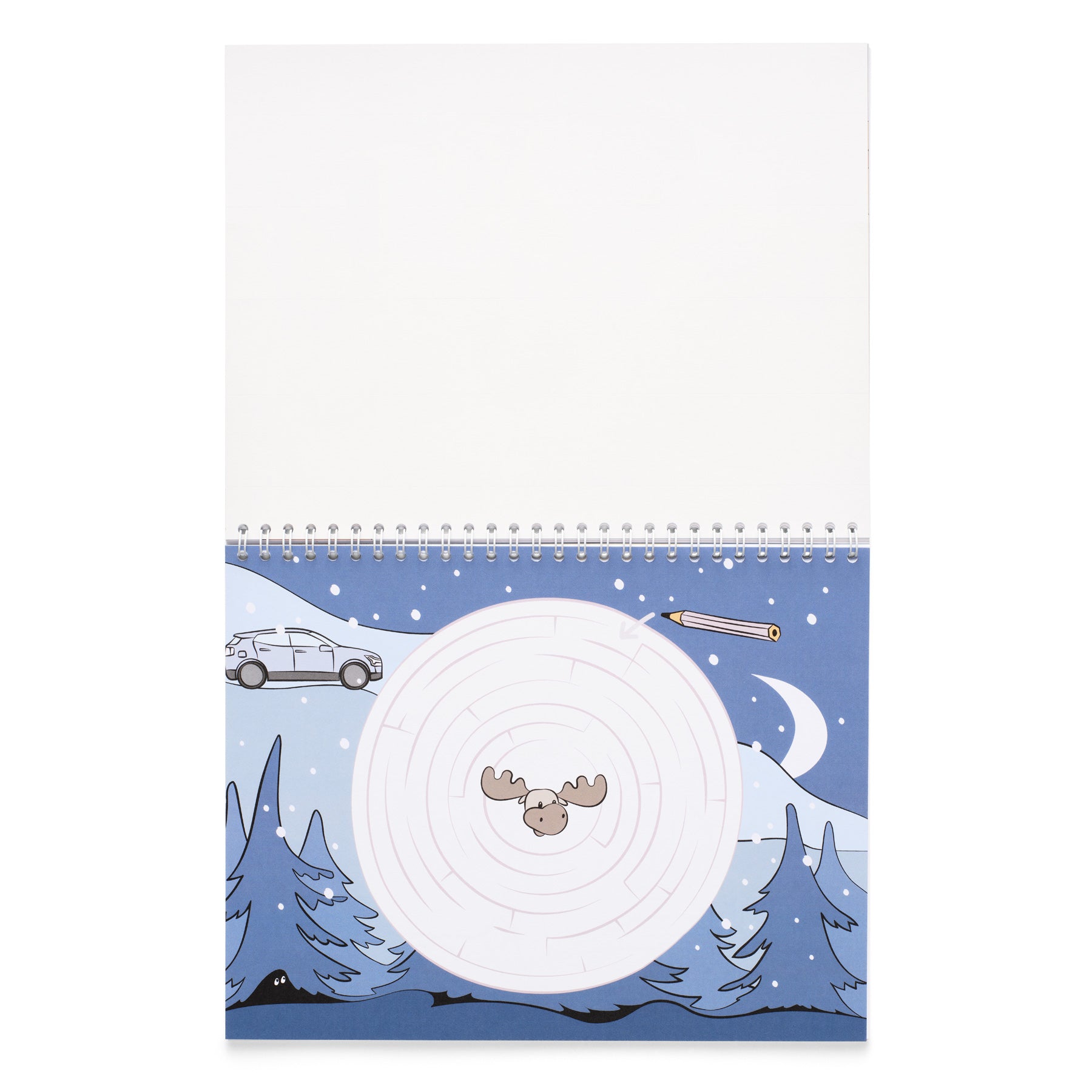 Colouring book labyrinth with a winter scene featuring a car, moon, and moose on a blue background.