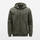 Green hoodie with a brand logo on a light gray background