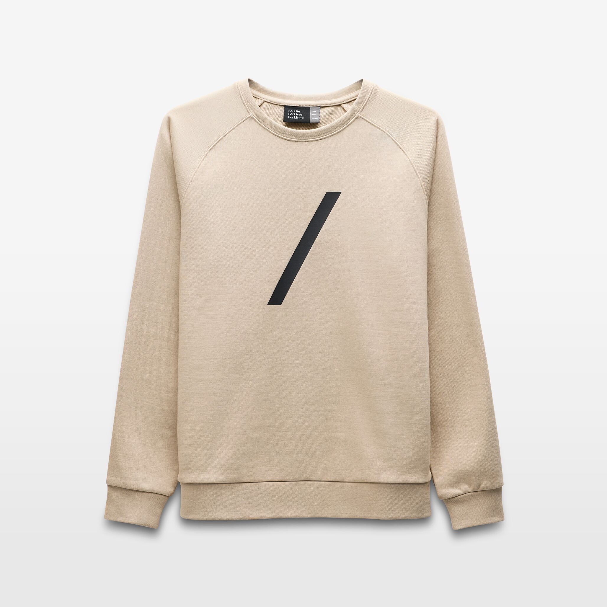 The Volvo Sweatshirt in dune. It features a diagonal print with reflective gloss and a classic crewneck style.