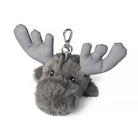 Plush moose keychain with a silver clasp on a white background
