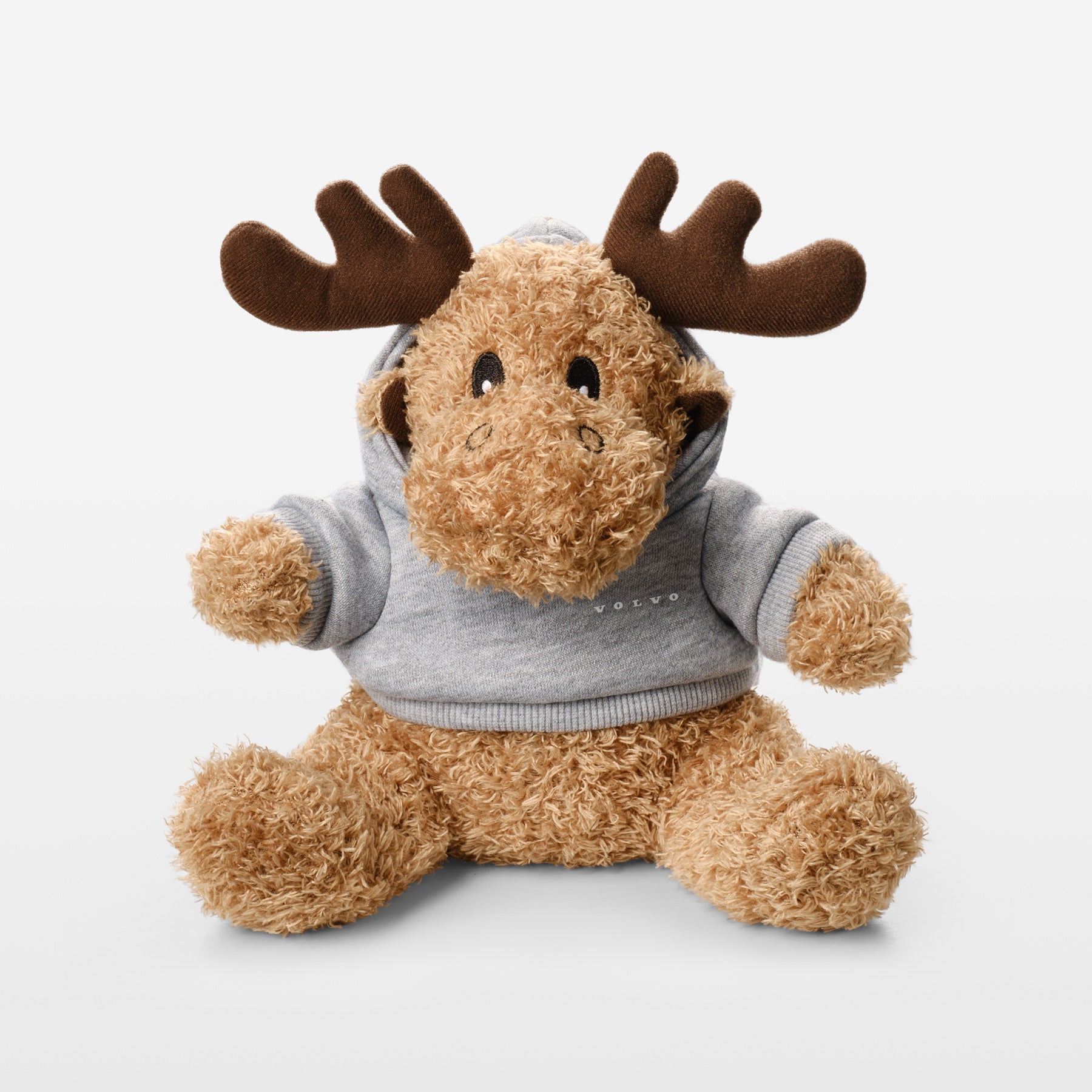 Plush moose toy wearing a gray hoodie on a light gray background