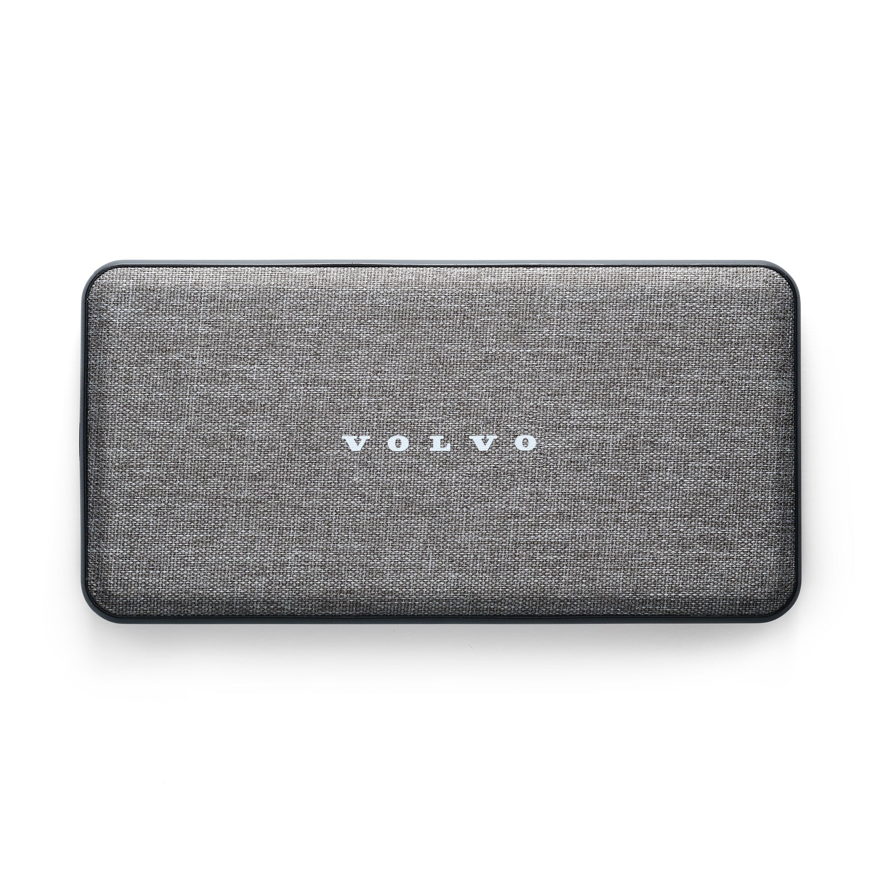 Gray fabric-covered power bank with Volvo logo on a white background