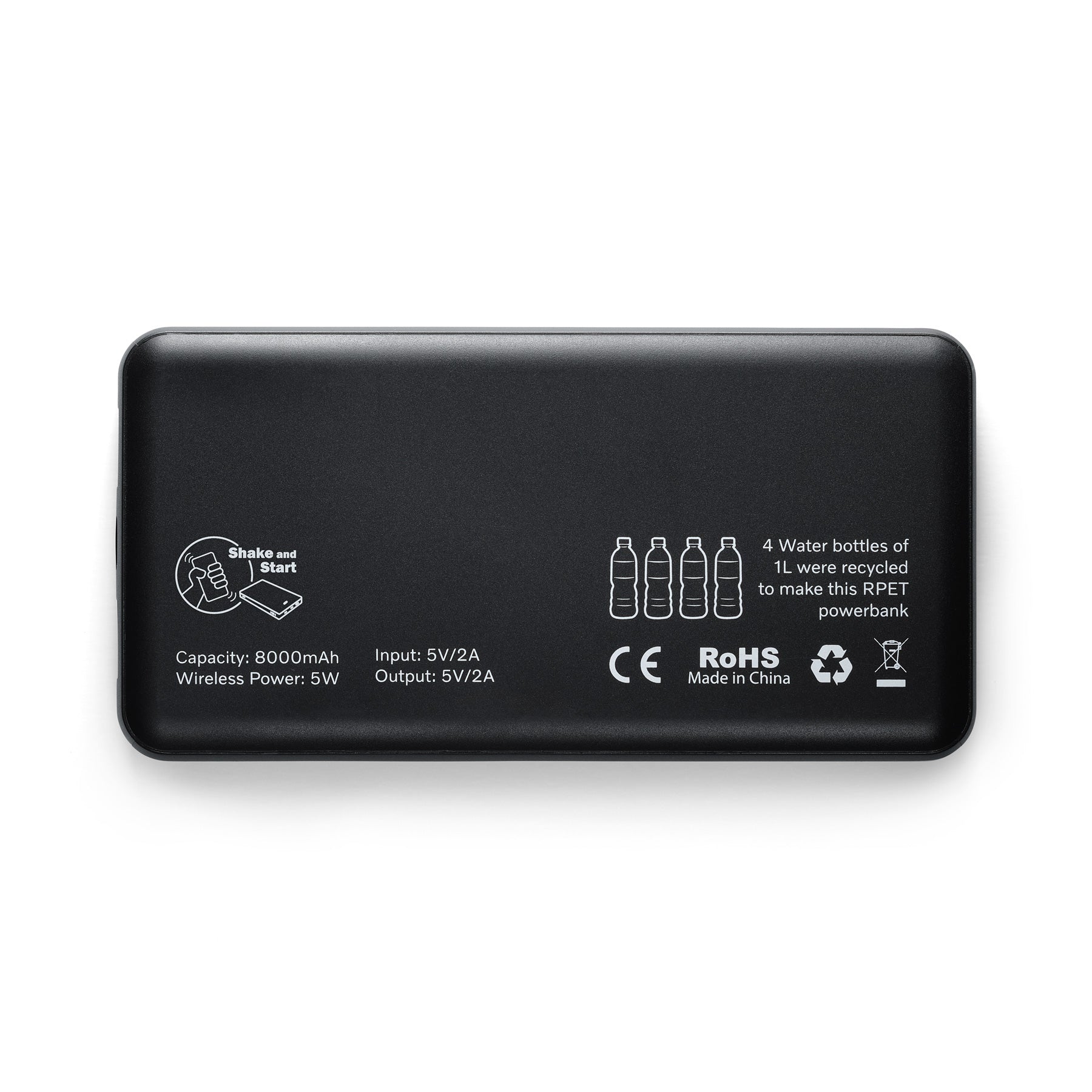Black power bank with recycling information on a white background