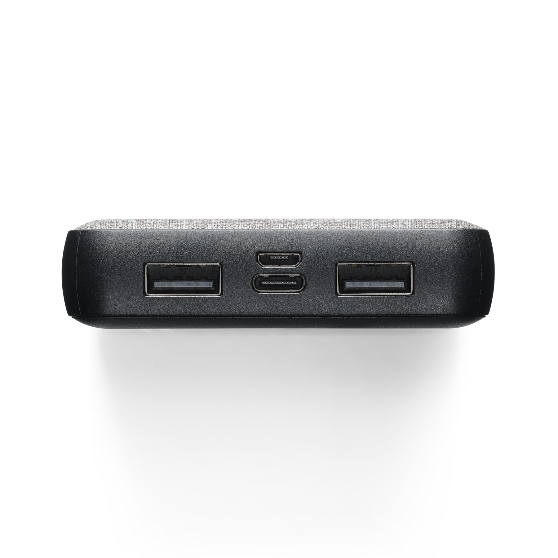 Black electronic device with multiple ports on a white background