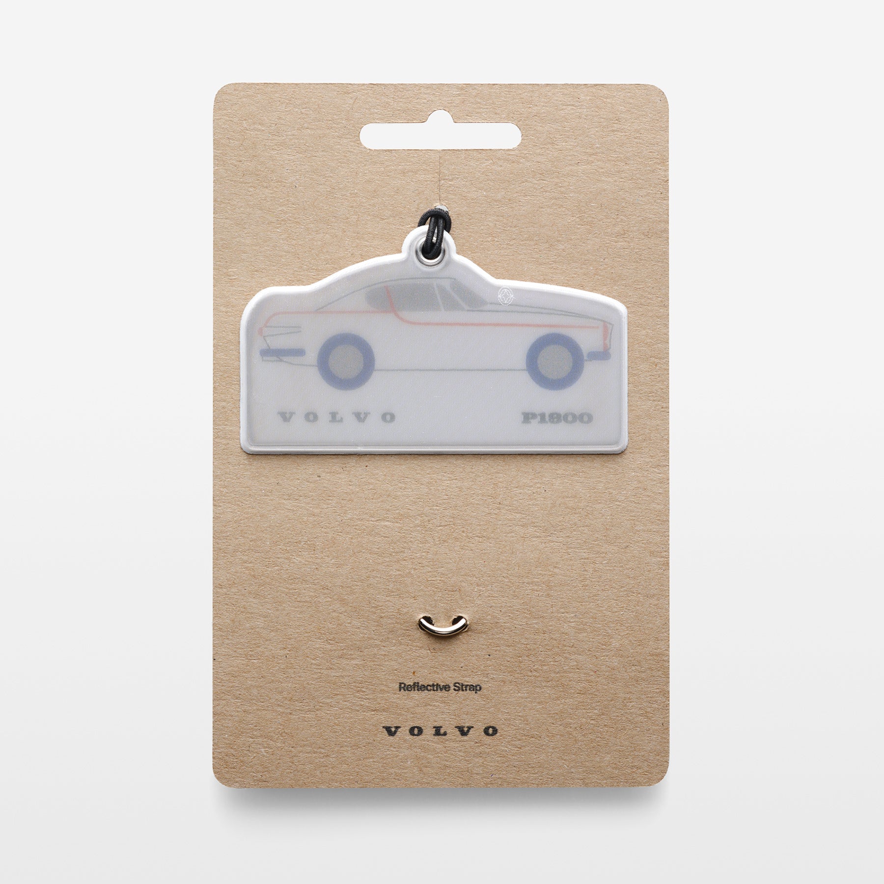 Keychain with a car silhouette design on a white background, on a beige card packaging with a white background