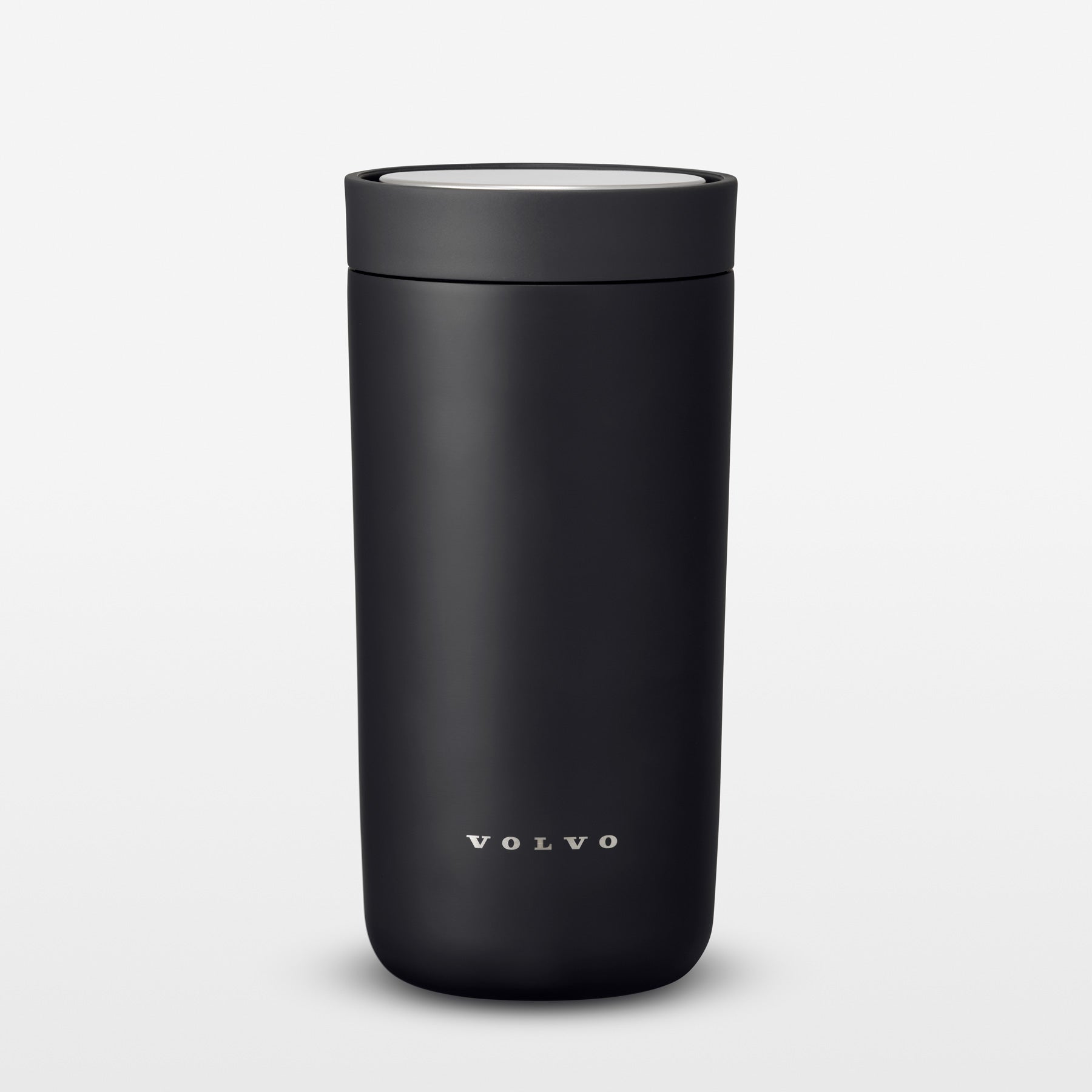 Black Volvo tumbler on a light gray background