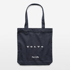 Navy tote bag with 'Volvo For Life' text on a white background