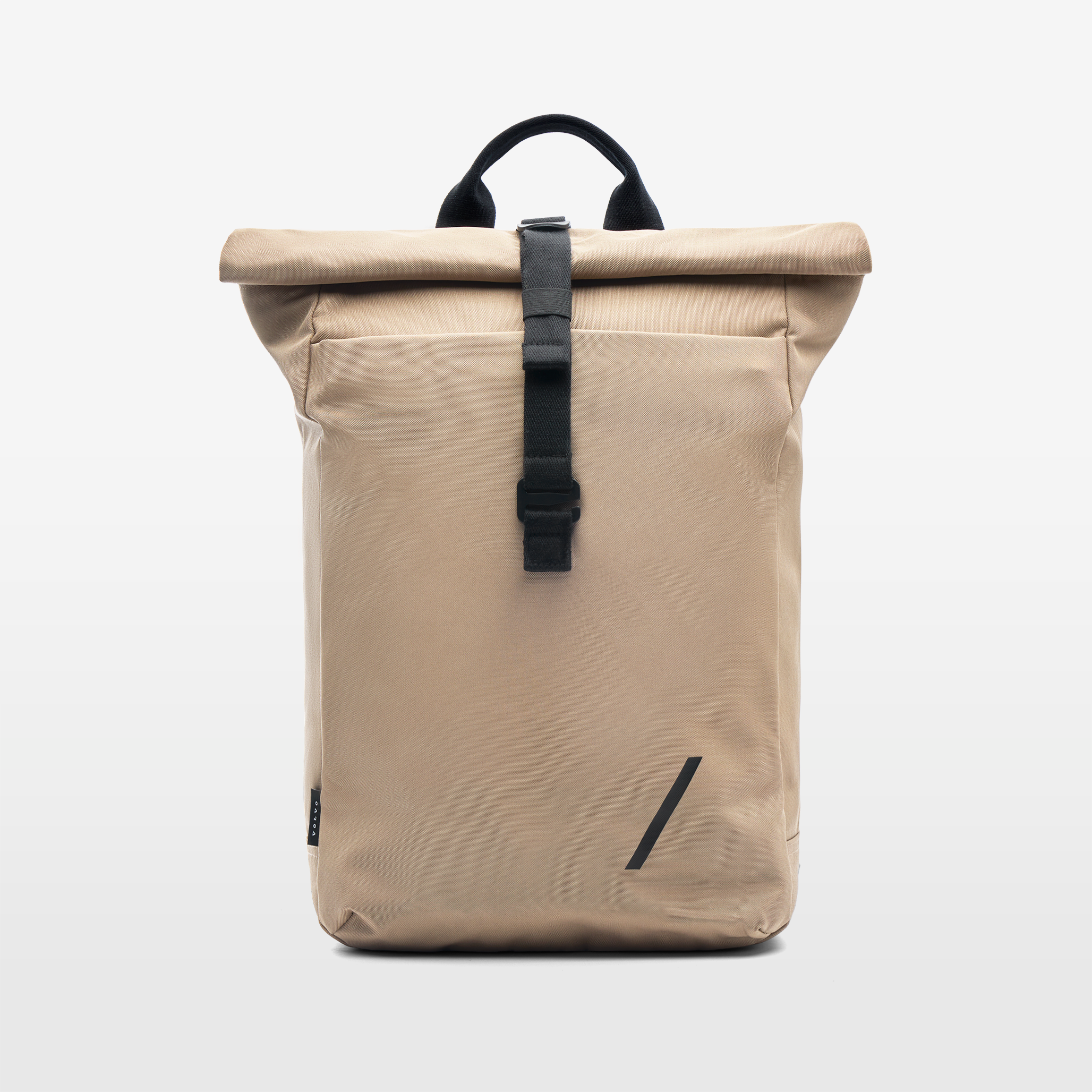 Volvo Backpack seen from front against a white background. Visible is the taupe colour, the black handle at the top, the roll-top with magnetic closure, adjustable straps and the Volvo Diagonal logo.