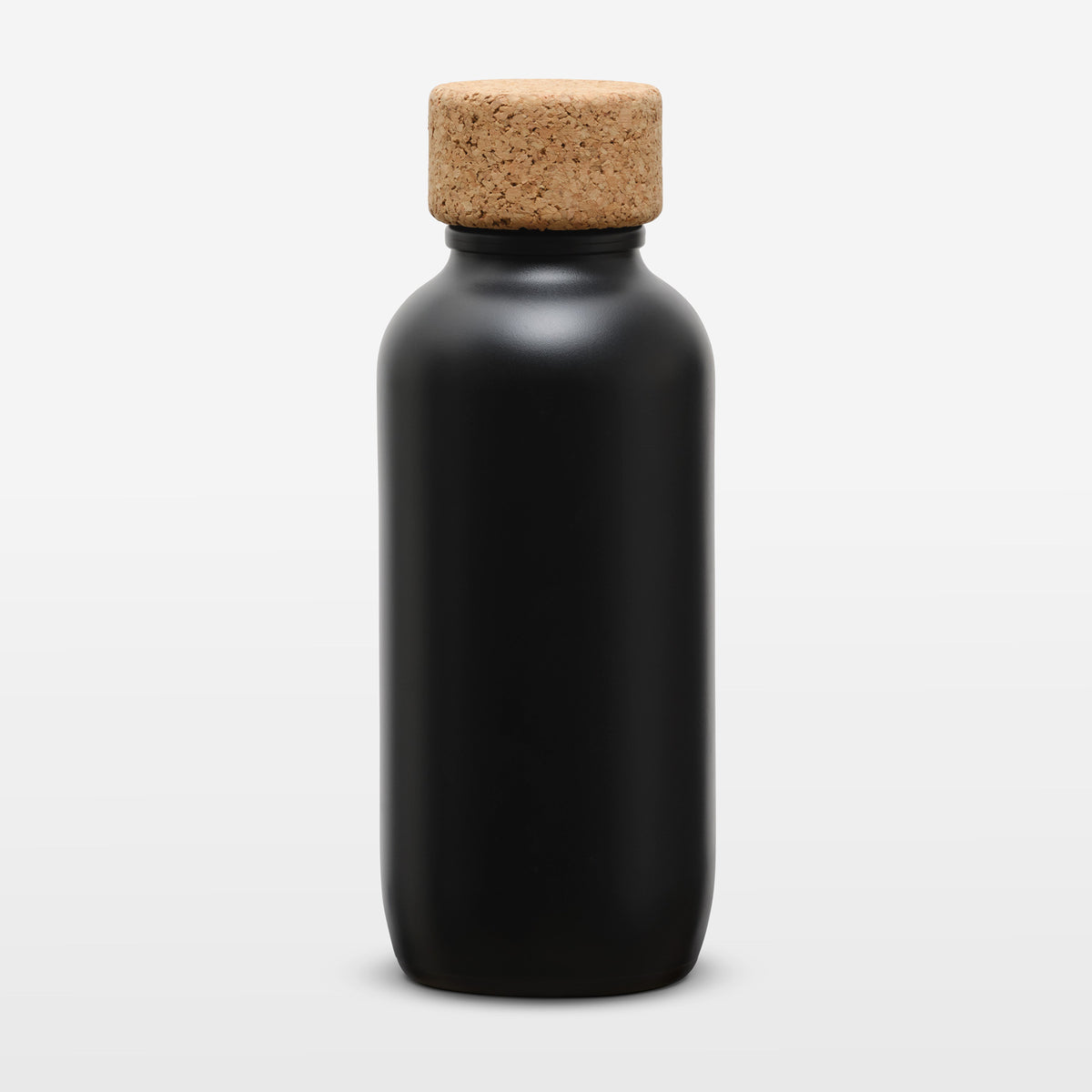 A matte black bottle with a natural cork stopper, centered on a clean white background.