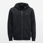 Black hoodie with a brand logo on a light gray background