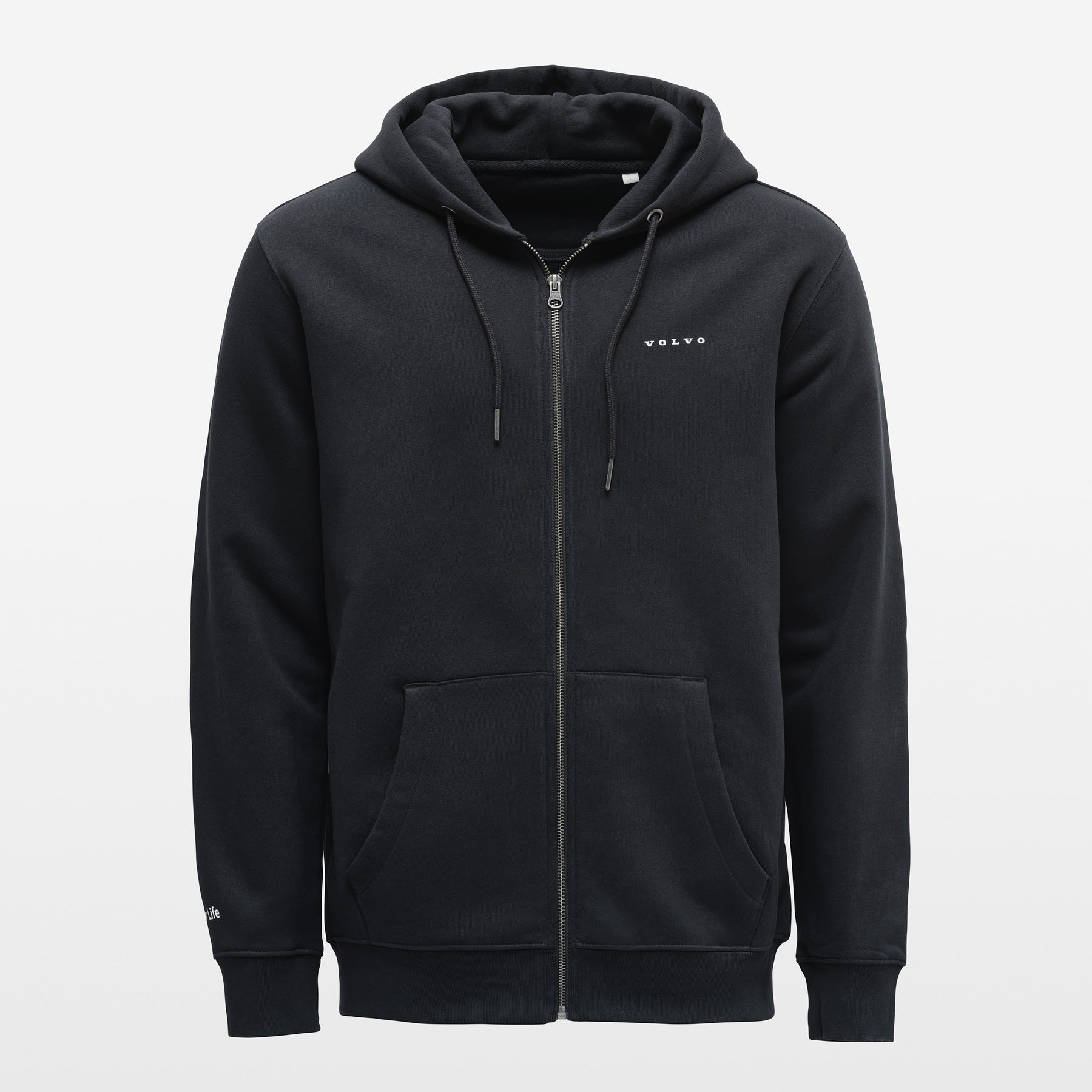 Black hoodie with a brand logo on a light gray background