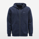 Navy blue hoodie with a brand logo on a light gray background