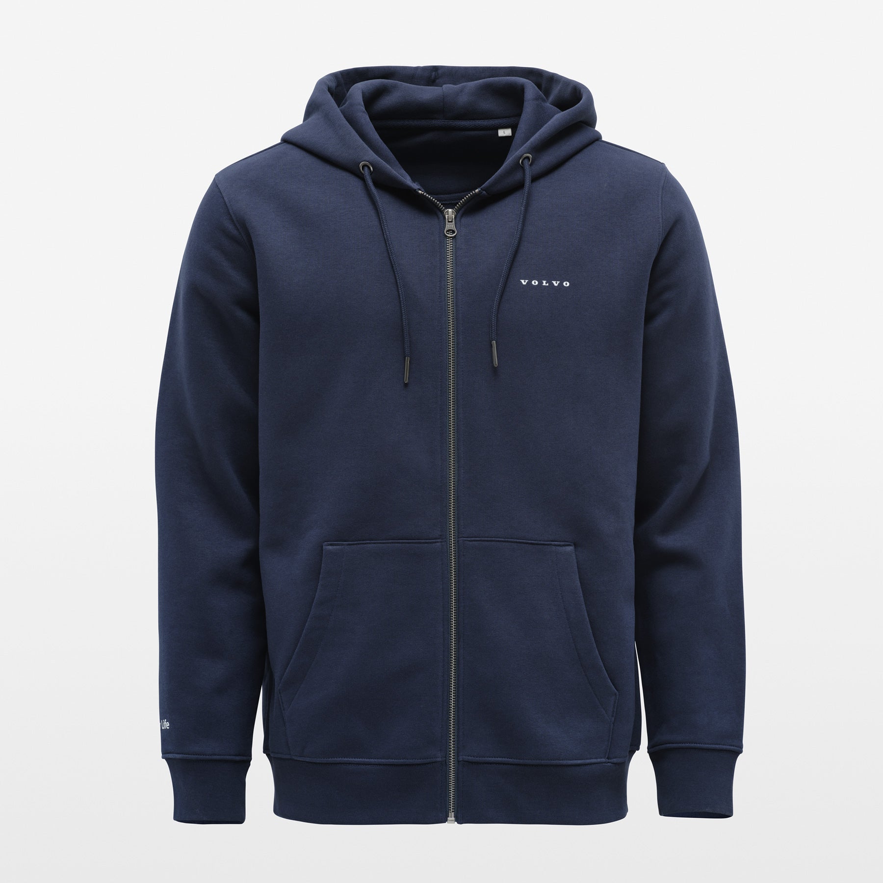 Navy blue hoodie with a brand logo on a light gray background