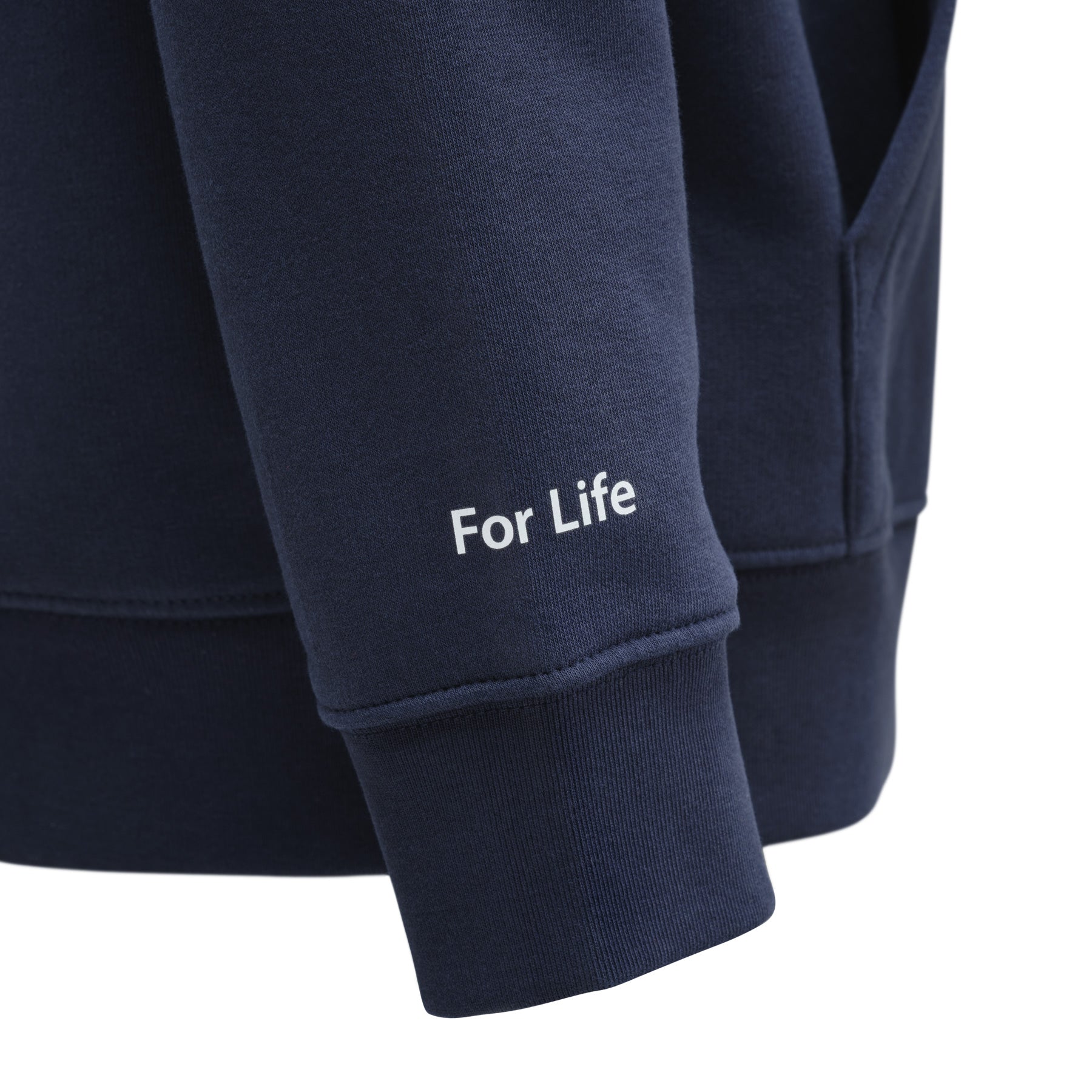 Navy blue hoodie with 'For Life' text on a white background